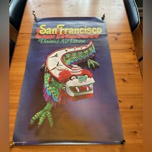 VINTAGE SAN FRANCISCO TRAVEL POSTER UNITED AIRLINES 1971 PAPER DRAGON CHINATOWN